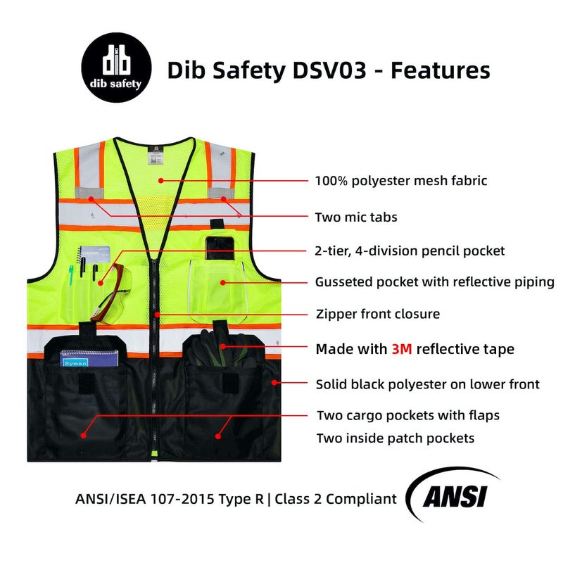 Dib Safety Vest Reflective with Pockets and Zipper, High Visibility Mesh ANSI Class 2, Made with 3M Reflective Tape, Yellow and Black Small - Image 4